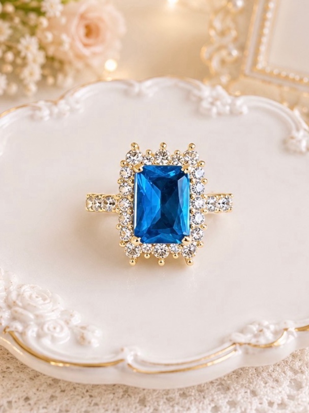 Gold-Plated Blue Center Stone with White Crystal Accent Stone Halo Ring-Size 7